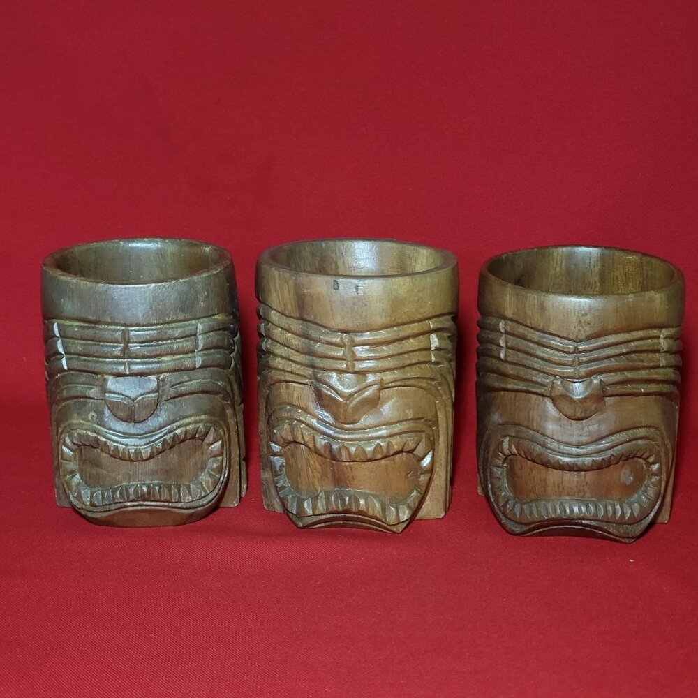 Vintage Hand Carved Teak Wood Tiki Mug Cup